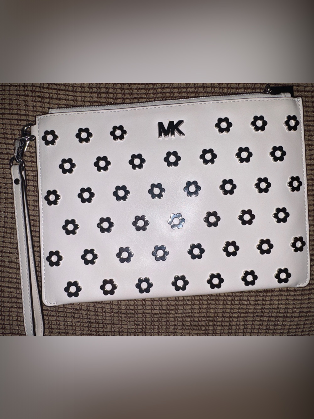 Michael Kors White Floral Studded Large Wristlet Clutch 5”x9”